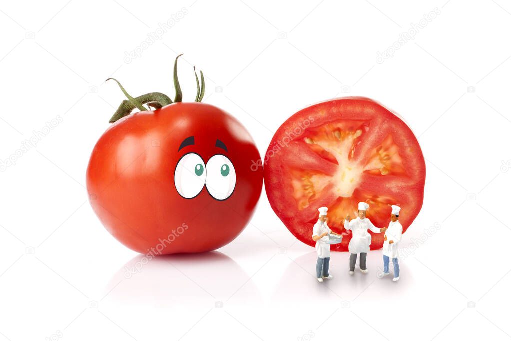 Chefs, in front of fresh tomato with eyes, isolated on a white background