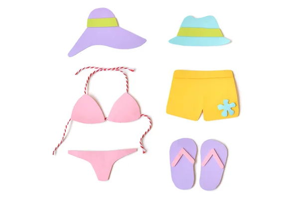 Summer clothes and accessories paper cut on white background - isolated — Stock Photo, Image