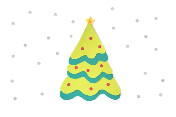 Christmas tree and snow paper cut on white background - isolated — Stock Photo, Image