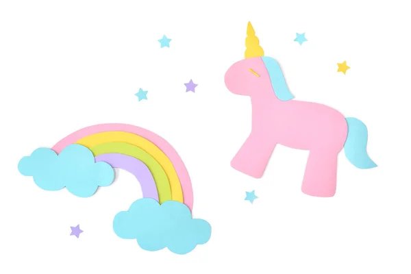 Unicorn and rainbow paper cut on white background — Stock Photo, Image