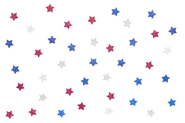 Niebieski czerwony i biały brokat gwiazda papieru wyciąć na białym tle - na białym tle — Zdjęcie stockowe