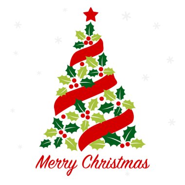 Noel ağacı ve kutsal yaprak ve kurdele - kart