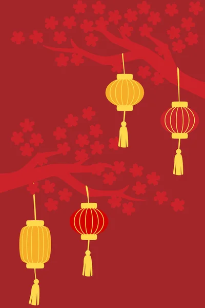 Nouvel an chinois fond avec fleur de pêche et lanternes — Image vectorielle