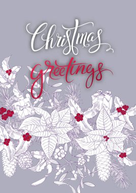 Noel hat yazı vektör tasarımı. Vektör tebrik kartı, poster, afiş. Noel ağacı. Botanik çizilmiş arka plan ver. hediyeler, koniler, poinsetiya, holly. tatil dekorasyonu
