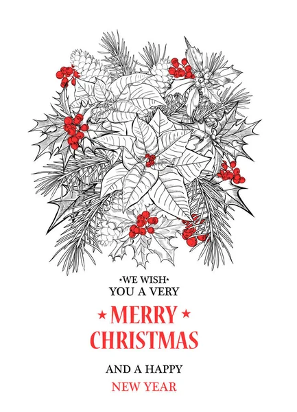 Julkort. FIR kottar, julstjärna, holly, mistel. Det ritas för hand, för utformningen av banderoller, flygblad, broschyrer, isolerade på vit bakgrund — Stock vektor