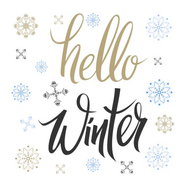 Merhaba kış. Mevsimlik vektör çizilmiş yazı ver. Beyaz arka plan üzerinde izole