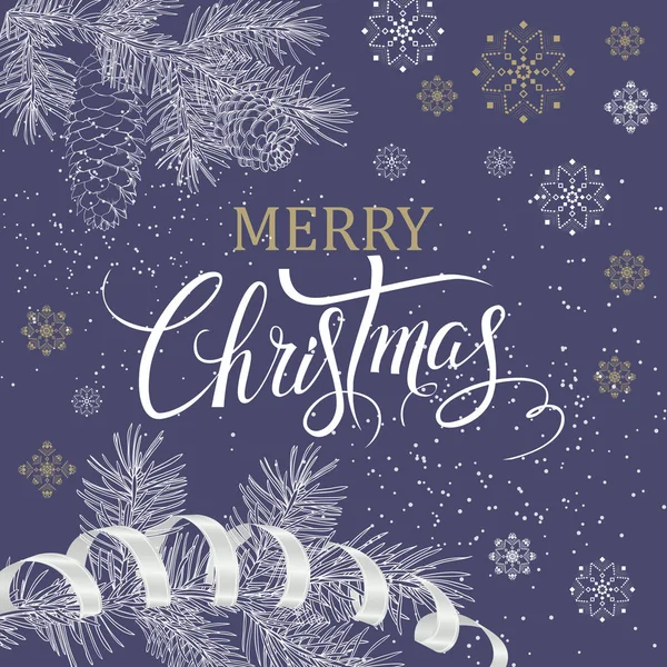 Merry Christmas.Seasonal Vector handen ritade bokstäver på bakgrunden av snöflingor . — Stock vektor