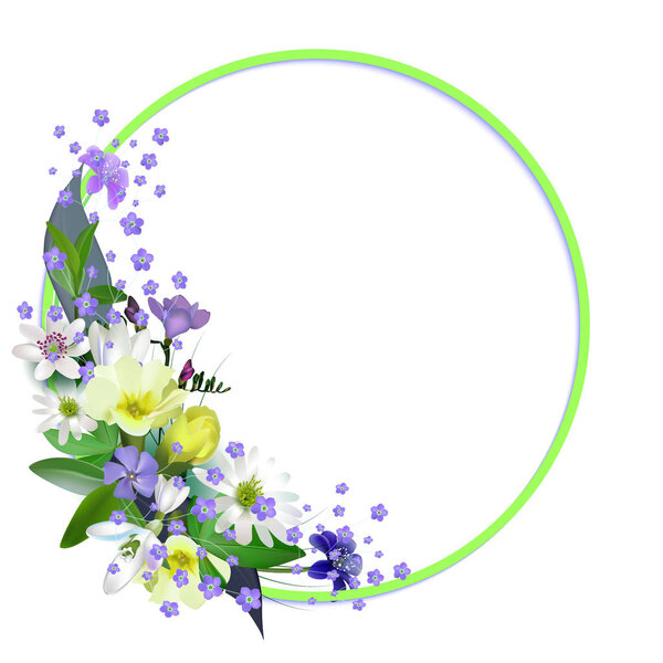 spring primroses card with space for text in a round frame. spri