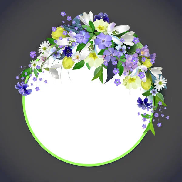 Spring primroses card with space for text in a round frame. spri — Stock Vector