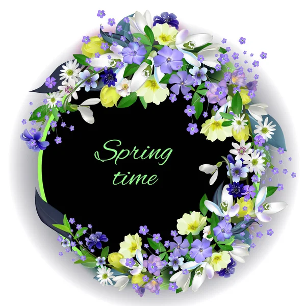 Spring primroses card with space for text in a round frame. spri — Stock Vector