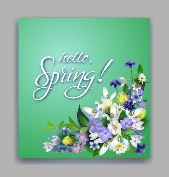 Halo kartu pos musim semi. Ilustrasi gambar tangan. Susunan bunga - Stok Vektor