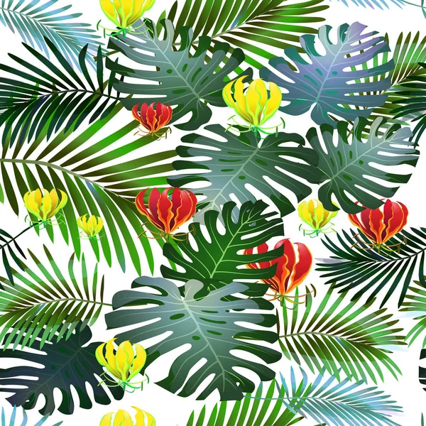 Toucan tropisk fågel i en snårskog av tropiska blommor, palm tree — Stock vektor