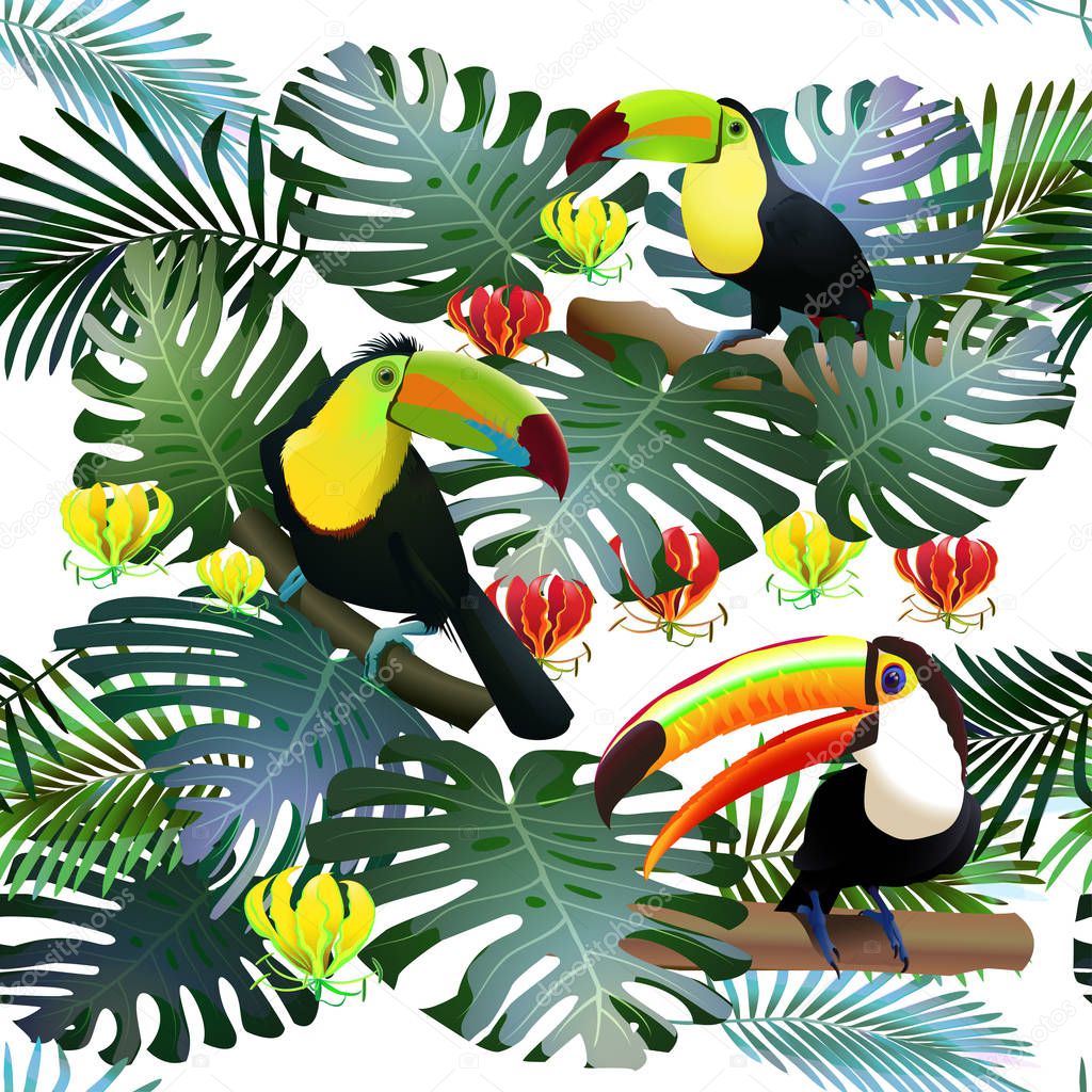 Toucan tropical bird in a thicket of tropical flowers, palm tree