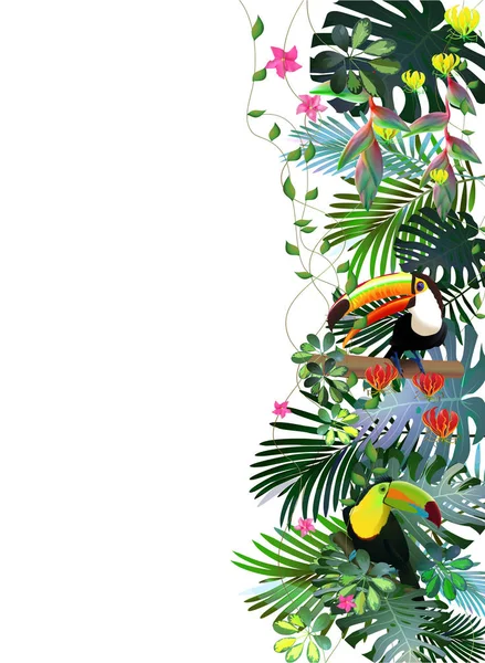 Toucans μέσα στο τροπικό δάσος από εξωτικά λουλούδια. Για θέση σχεδιασμού — Διανυσματικό Αρχείο