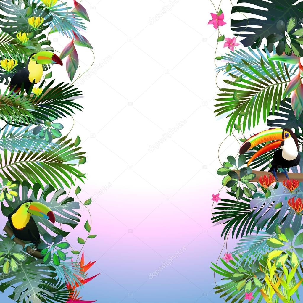 Toucans in the tropical forest of exotic flowers.For design post