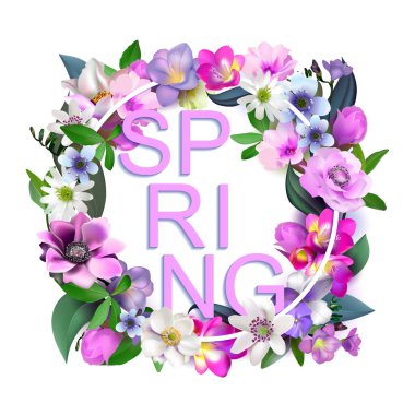 Vektör bahar çiçekleri arka plan. Bir yazıt yaylı. Kompozisyon lezzetli bahar çiçek kartpostallar, broşürler, afişler, el ilanları, düz bir yüzey üzerinde tasarım