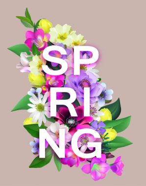 Vektör bahar çiçekleri arka plan. Bir yazıt yaylı. Kompozisyon lezzetli bahar çiçek kartpostallar, broşürler, afişler, el ilanları, düz bir yüzey üzerinde tasarım