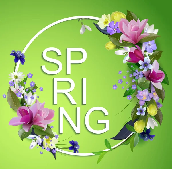 Vector  spring flowers background.With an inscription spring. Composition of the delicious spring flowers for design of postcards, brochures, banners, flyers, on a plain surface — Stock Vector
