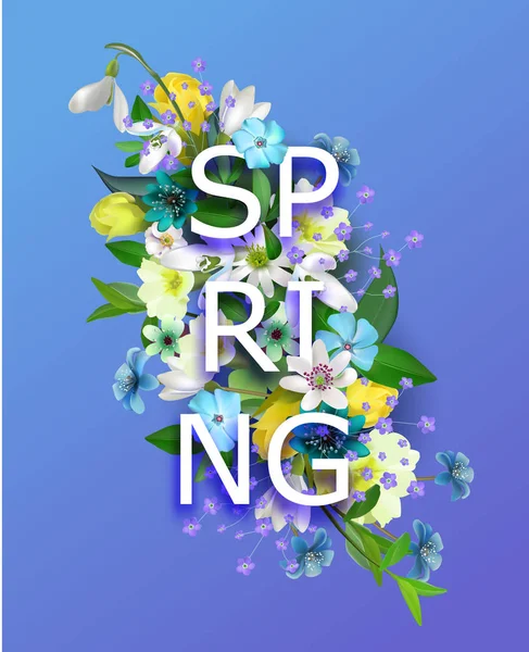 Fundo de flores de primavera vetor.Com uma mola de inscrição. Composição das deliciosas flores de primavera para o design de cartões postais, brochuras, banners, folhetos, em uma superfície plana — Vetor de Stock