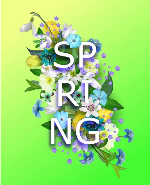 Vektor tavaszi virágok háttér. Egy felirat rugóval. Összetétele a finom tavaszi virágok design képeslapok, prospektusok, bannerek, szórólapok, sima felületre — Stock Vector