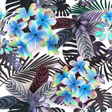 Vektör seamless modeli tropik çiçekler, yapraklar, üzüm: STERLİÇYA, Plumeria, Güney Amerika, Orta Afrika, Güneydoğu Asya ve Avustralya. Muson ormanları, Mangroves.For Tekstil
