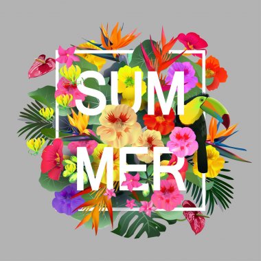 Tropikal çiçek ve yaprakları arka plan. Yaz tasarım. Vektör. T-shirt Moda grafik. Egzotik.