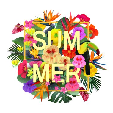 Tropikal çiçek ve yaprakları arka plan. Yaz tasarım. Vektör. T-shirt Moda grafik. Egzotik.