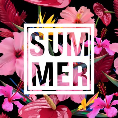 Tropikal çiçek ve yaprakları arka plan. Yaz tasarım. Vektör. T-shirt Moda grafik. Egzotik.