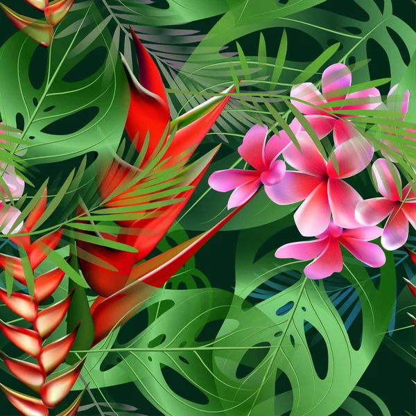 Vektor nahtlose Muster tropischer Blumen, Blätter, Reben: Strelitzien, Plumeria, Südamerika, Zentralafrika, Südostasien und Australien. Monsunwälder, Mangroven. — Stockvektor