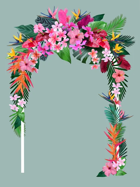 Svatební oblouk z tropických květin na pozvánky na svatební obřad, pohlednice — Stockový vektor