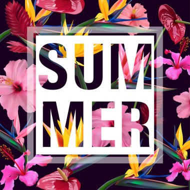 Yaz arka plan tropikal çiçek ve yaprak spa tasarım, egzotik seyahat, tatil, eğlence, düğün davetiyeleri, T-shirt baskı