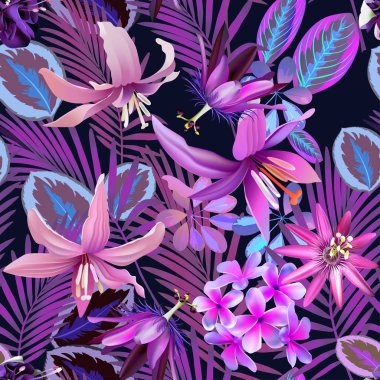 vektör seamless modeli tropik çiçekler ve yapraklar baskı için kumaşlar