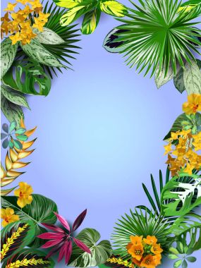 Vektör bayrağı tropik çiçekler ve illüstrasyon spa tasarım, egzotik seyahat, tatil, eğlence, T-shirt baskı için tropik çiçekler ORMS bırakır