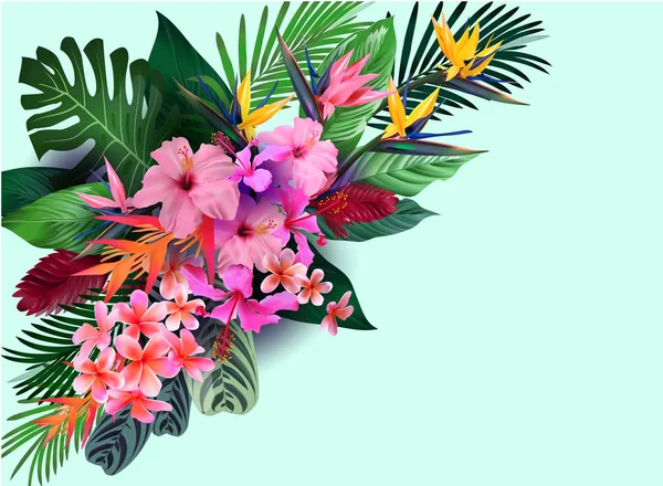 Fundo Verão Flores Tropicais Folhas Para Design Spa Viagens Exóticas — Vetor de Stock