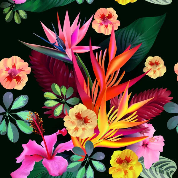 Motif Sans Couture Vectoriel Fleurs Tropicales Feuilles Pour Impression Sur — Image vectorielle