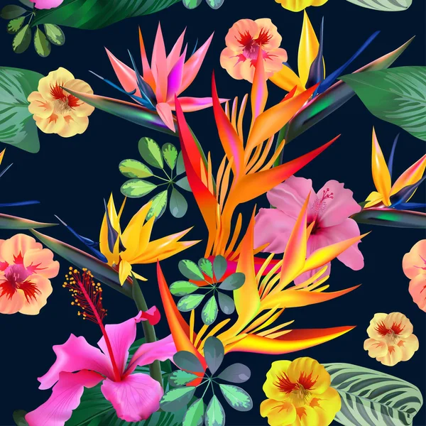 Motif Sans Couture Vectoriel Fleurs Tropicales Feuilles Pour Impression Sur — Image vectorielle