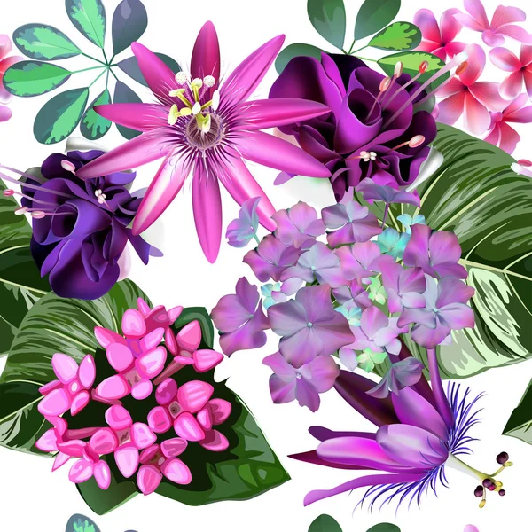 Naadloze Patroon Vector Van Tropische Bloemen Blaadjes Voor Afdrukken Stoffen — Stockvector
