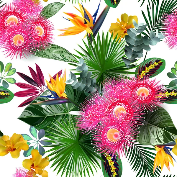 Patrón Sin Costuras Flores Hojas Tropicales — Archivo Imágenes Vectoriales