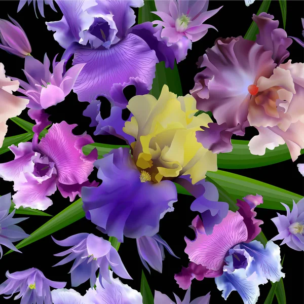 Patrón Sin Costuras Flores Primavera Iris Olvides Flores Pasión — Vector de stock