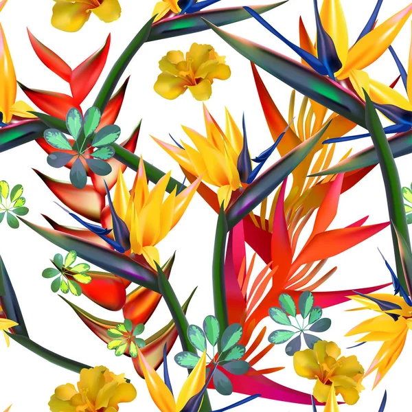 织物上印花的热带花叶矢量无缝图案 — 图库矢量图片