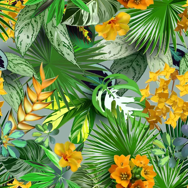 Vektor Nahtloses Muster Tropischer Blumen Und Blätter — Stockvektor