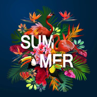 tropikal çiçek ve tukan kuşlar, flamingo tropikal arka plan