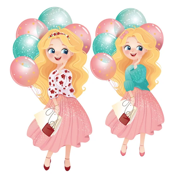 Meisje Vreugde Plezier Glimlach Geluk Meisje Met Ballen Ballonnen Vakantie — Stockvector