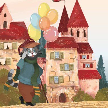 kedi, Basilio kedisi, şehir, peri şehri, evler, peri evleri, yaz, yürüyüş, kedi yürüyüşleri, toplar, tatil, taşaklı kedi, altın anahtar, arka plan, peri şehri, peri masalı, vektör, illüstrasyon, çocuklar, çocuklar için illüstrasyon, kitaplar, kitap illüstrasyonu