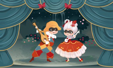 soytarı, Columbine, performans, sahne, tiyatro, Altın anahtar, arkaplan, peri şehri, peri masalı, vektör, illüstrasyon, çocuklar için illüstrasyon, kitap, illüstrasyon