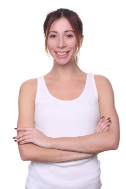 Tanktop çapraz kolları olan Bayan. Yakın çekim. Beyaz arka plan