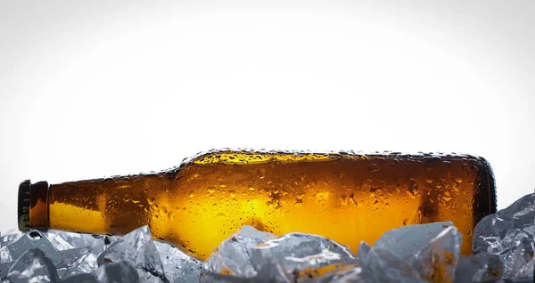 Allongé bouteille de bière sur des glaçons. Ferme là. Fond blanc — Photo