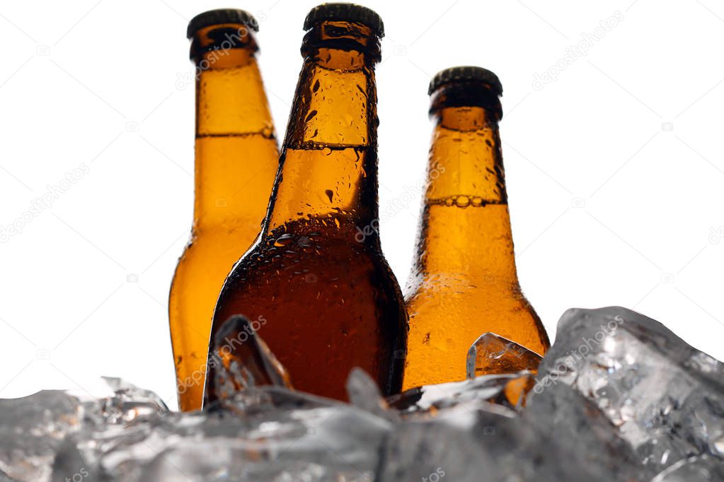 Three bottles of beer in ice cubes. Close up. White background
