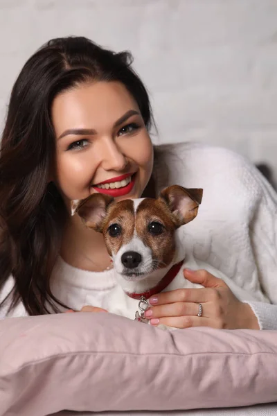 Menina de ferimento com cão pequeno. Retoques fotográficos — Fotografia de Stock