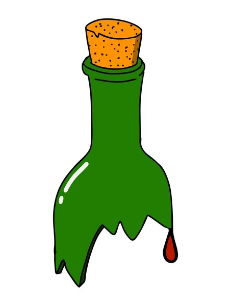 Crach fles met kurkentrekker en drop wijn. Vector vlakke pictogram. — Stockvector